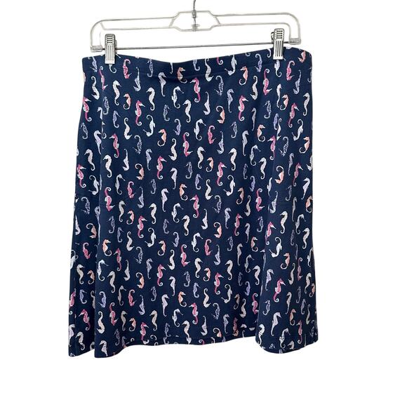 J. Jill Seahorse Print Skirt Navy Pink Purple Peach Medium Knit Pockets Stretch - Picture 2 of 6